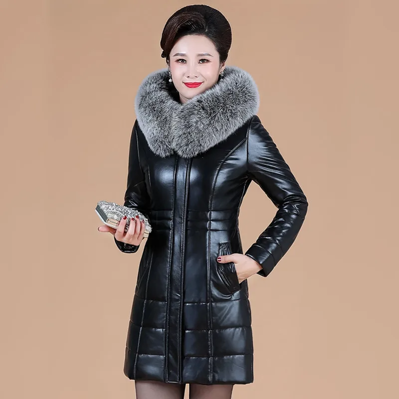 L-8XL Mother Leather Coat Winter 2022 Women Split Sheepskin Jacket Thicken Warm Faux Fur Collar Hooded Outerwear Long Overcoat