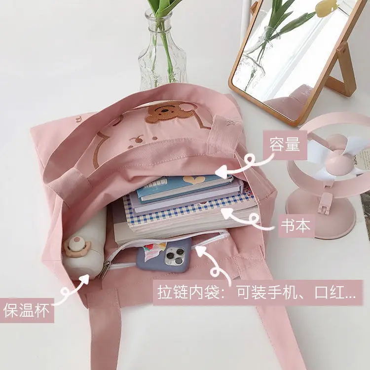 Student Girl Book Shoulder Bags Cute Biscuit Bear Women Canvas Handbags Large Capacity Ladies Shopping Bag Embroidery Cloth Tote | Багаж и