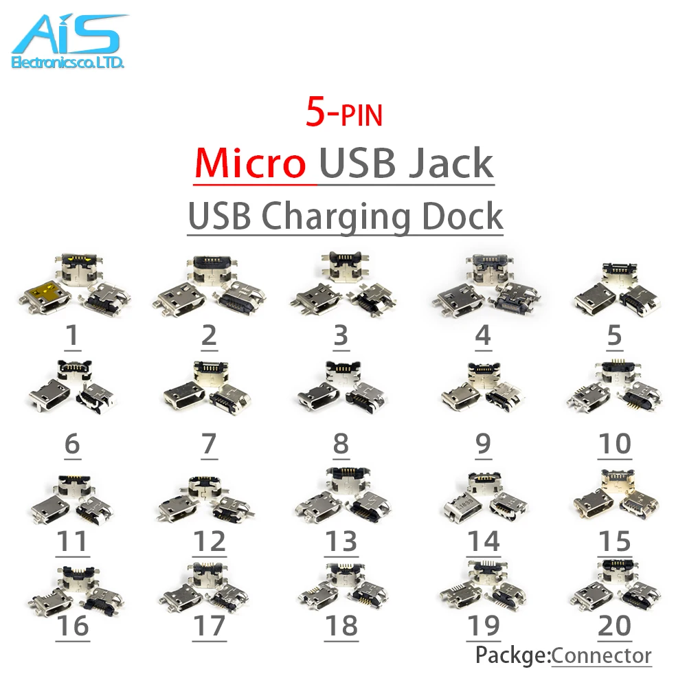 

20Models 5 of Each 100Pcs/lot Mini Micro USB 5P 5-pin Micro USB Jack 5Pins Connector Tail Charging Dock port socket plug power
