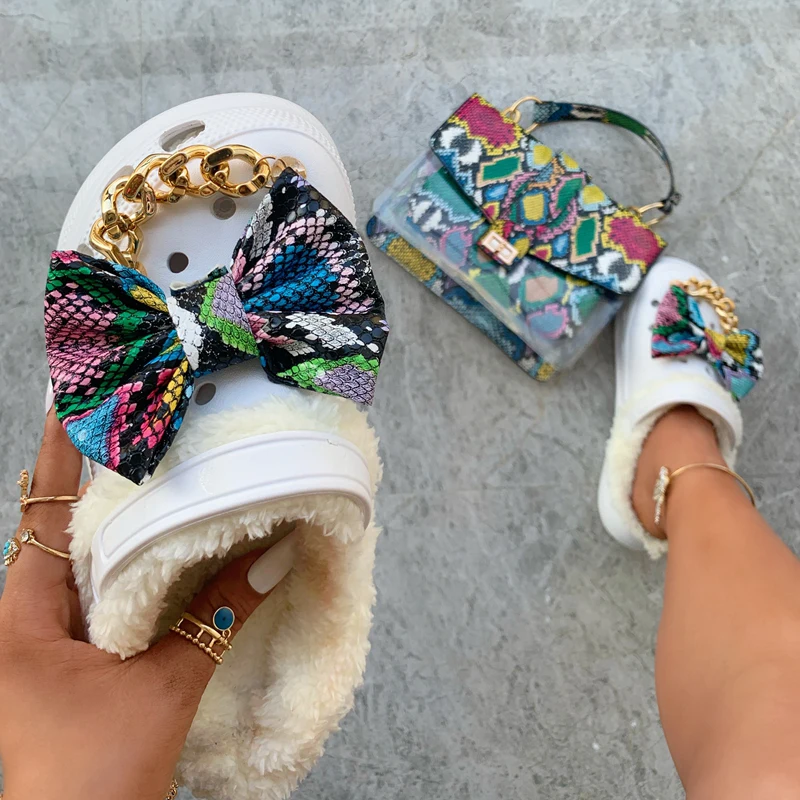 

Women Winter Shoe Sandalias Chaussure Femme Chain Sandles With Bag To Match Bow Platform Plush Slippers Luxury Slides And Purse