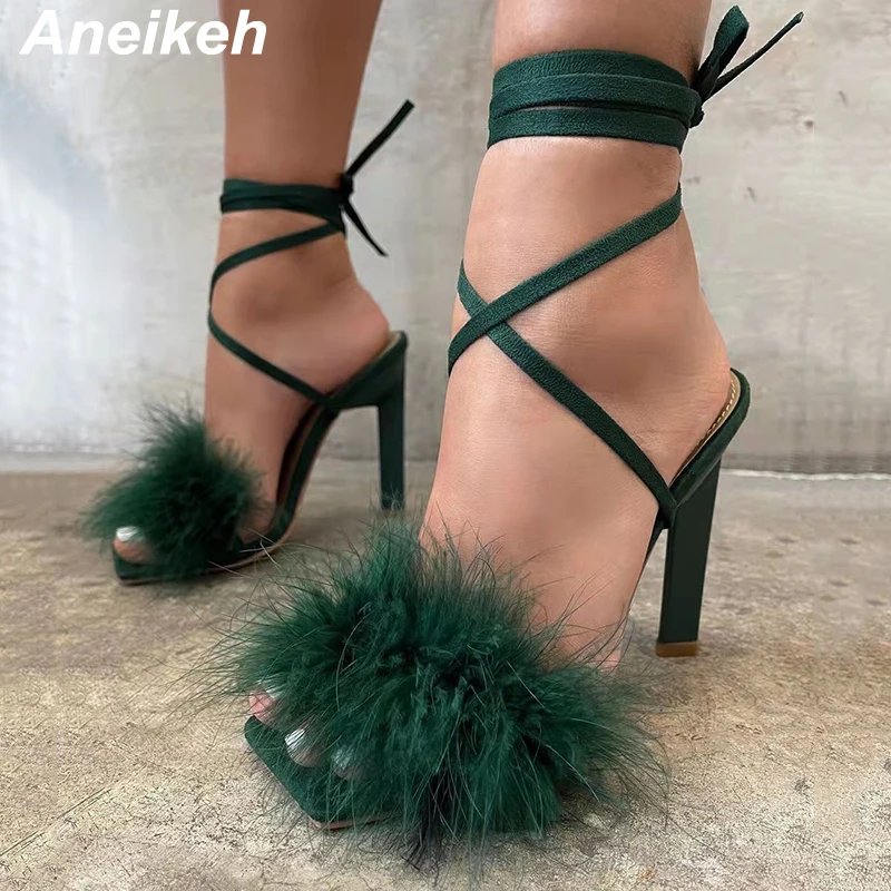 Модные меховые украшения Aneikeh сандалии-гладиаторы с квадратным открытым носком и