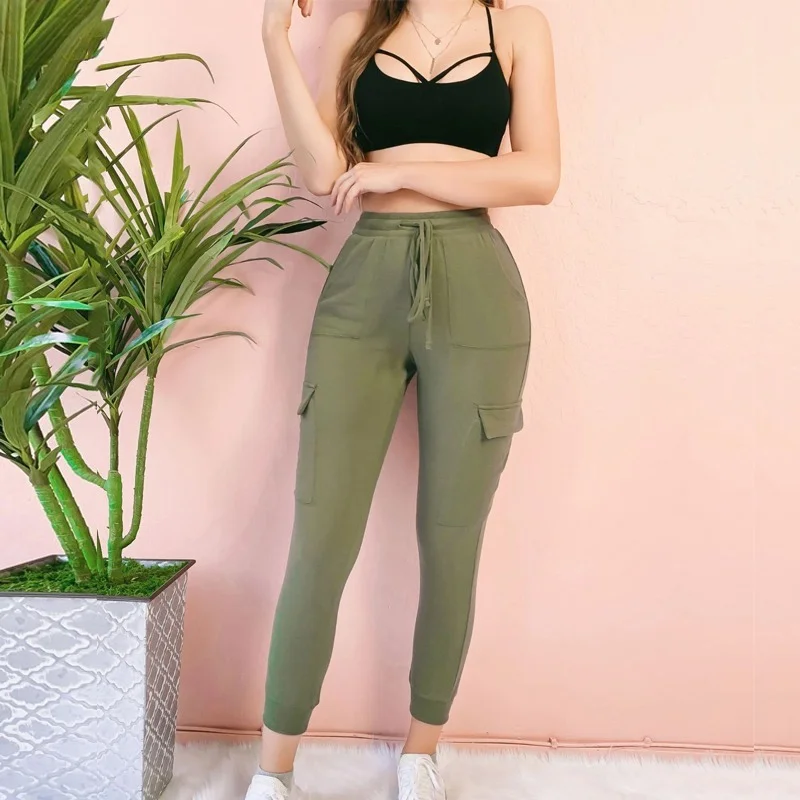 

Female Casual Slim Wrap Hips Ankle-Length Pants Summer Women Skinny Elastic Mid Waist Pencil Pants Drawstring Pockets Trousers