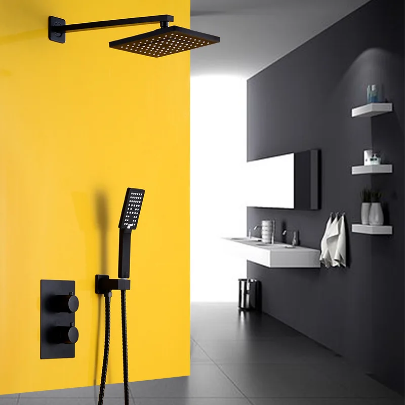 

Bathroom Brass Shower Faucet Set In-Wall Rain Fall Black Shower Bathtub Tap With Handheld Wall Mounted Mixer Crane 8" Head