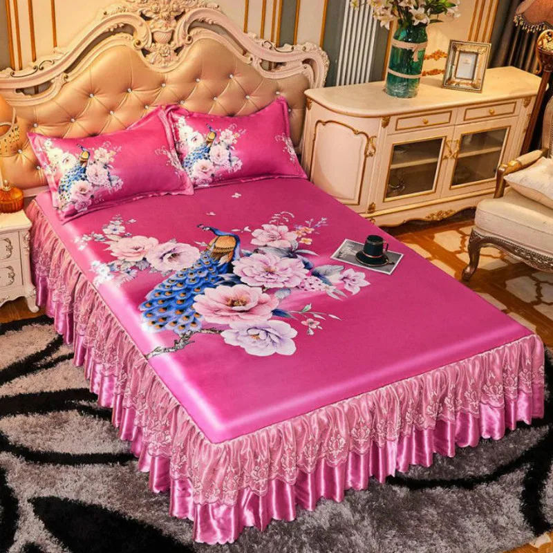 

Pink Romance Rose Wedding Bed Skirt Home Textile Bedding 3pcs/set(1Bed Skirt + 2pcs Pillowcase) Bed Sheet King/Quee F0589