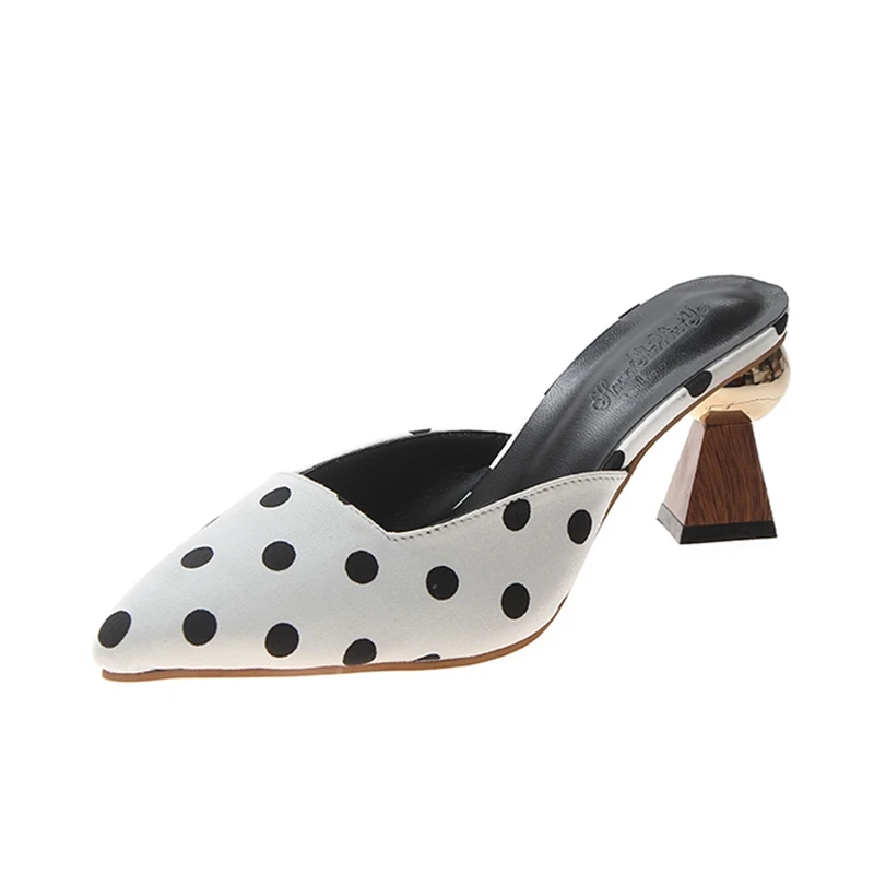 Шикарные женские тапочки в горошек на высоком каблуке Женские туфли без задника