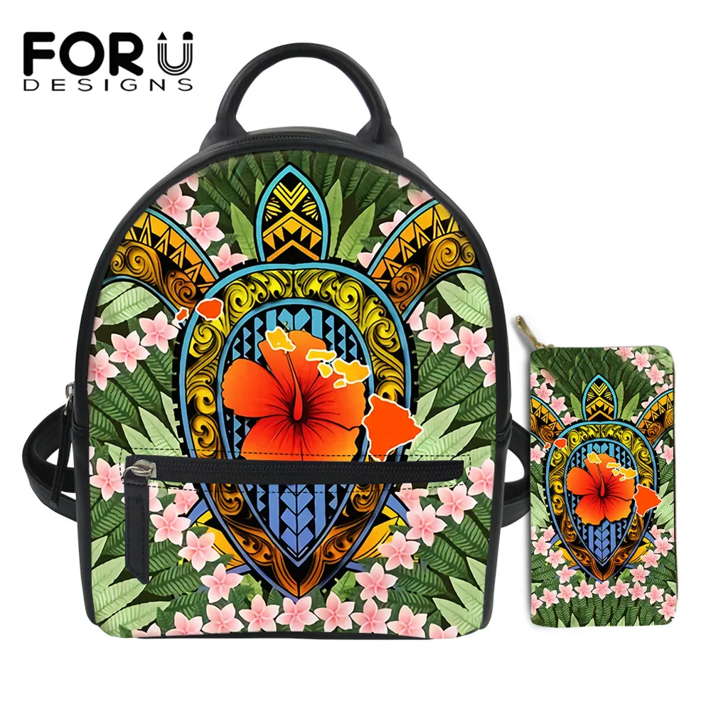 

Небольшой кожаный рюкзак FORUDESIGNS с Полинезийским узором, модный Гавайский черепаха, гибискус, маленькие рюкзаки, кошелек для девочек и женщи...