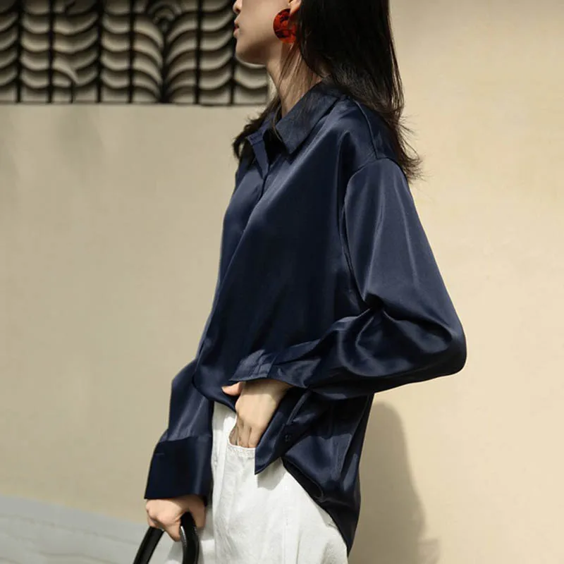 Satin shirt female 2019 early autumn new Korean version of the retro Hong Kong flavor |