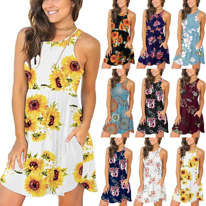 

Женское платье-мини без рукавов, повседневное базовое платье в стиле ретро с круглым вырезом и трапециевидным карманом, лето 2021