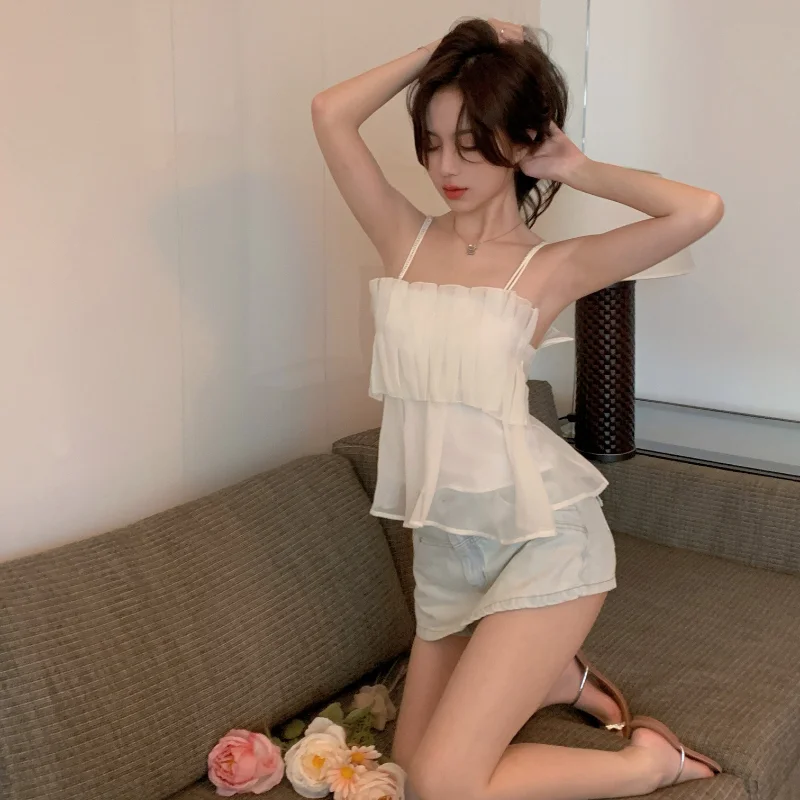 

Crop Tops for Women Ruffles Camis Solid Casual Style Summer New Arrival Aesthetic Clothes Korean Fashion Clothing Off Shoulder