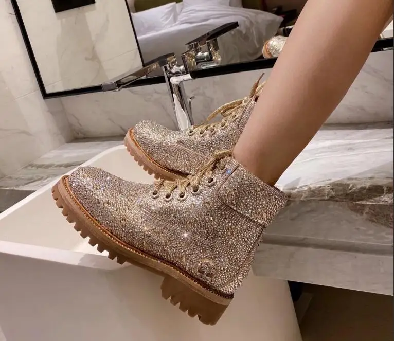 

Rhinestone-studded Rhubarbs Women Unisex Round Toe Winter Outdoor Plus Fleece Velvet Tooling Boots Crystal Genuine Leather Shoes