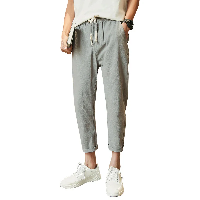 

Pants Men 2020 New Leisure Trend Straight Cotton Linen Casual Nine-point Pants Loose Beam Feet Sports Pants Men's Clothing