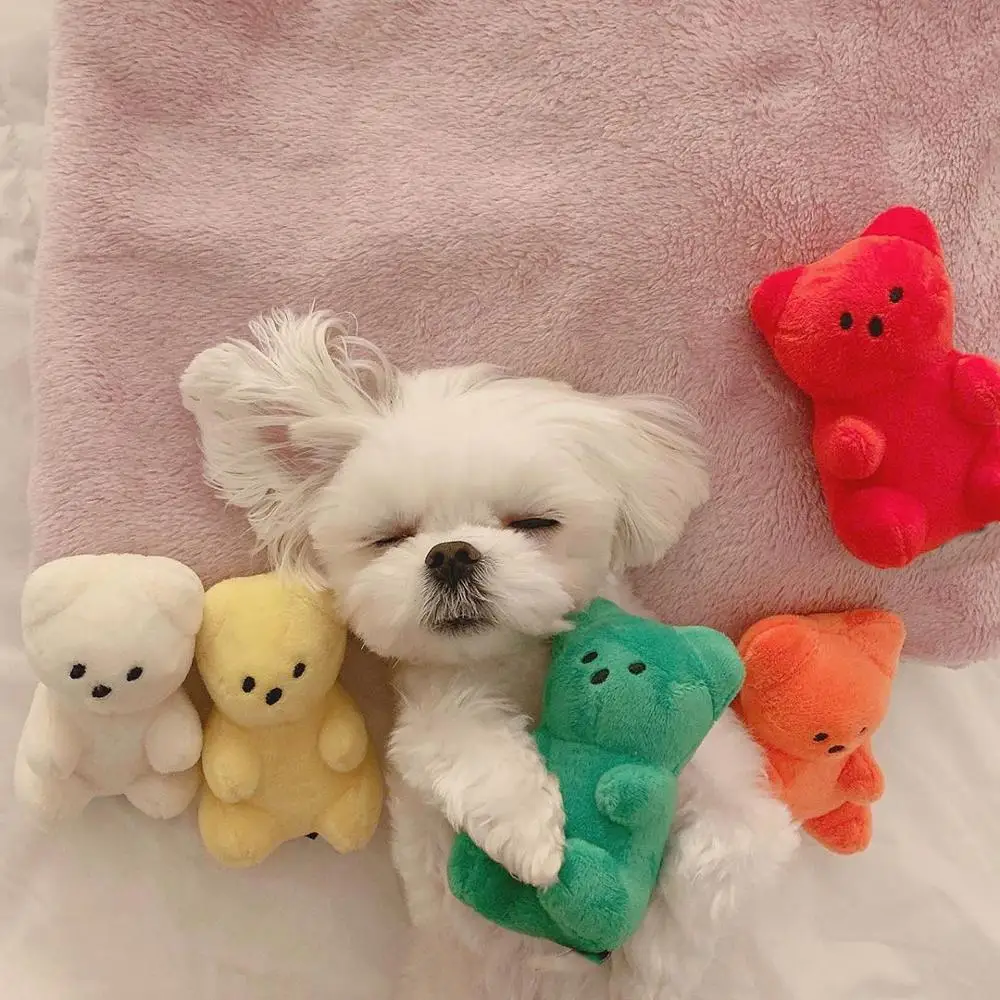 

Korean gummy bears Toy Plush Dog Cat Pet Chew Squeeze Squeak Sound Funny Fleece Durability Chew Molar Toy Fit For All Pet