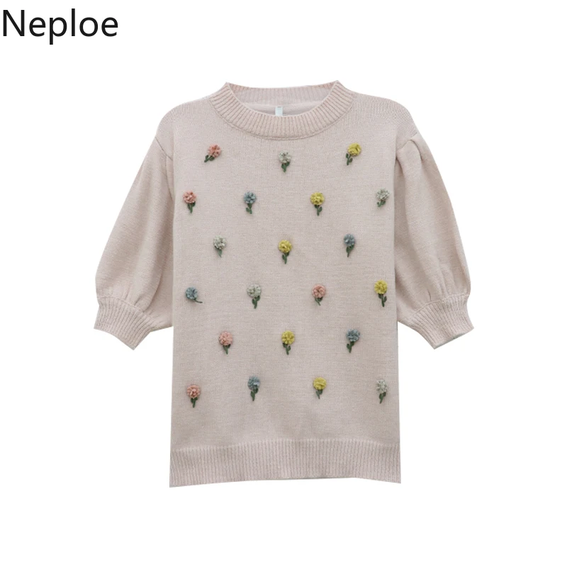 Neploe Chic O Neck Puff Short Sleeve Knit Pull Femme Solid Stereoscopic Flower Sweater Pullover Autumn Spring Loose Sueter 47787 | Женская