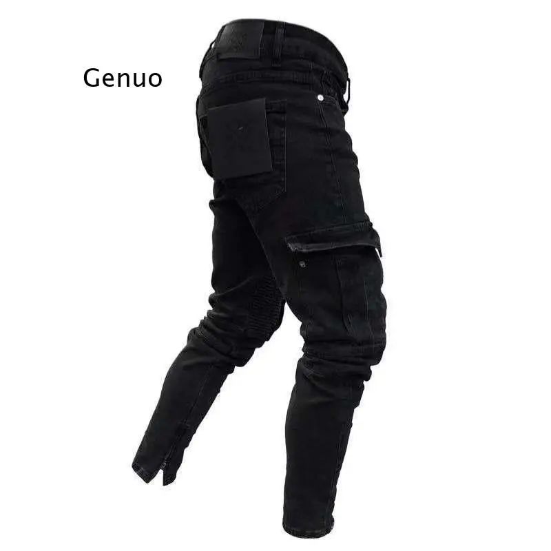 Men Biker Ripped Long Denim Trousers Skinny Jeans Pants Destroyed Stretchy-Black Pants