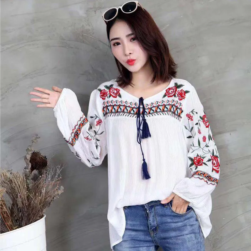 New Spring Autumn Fashion Ethnic V Neck Viscose Floral Embroidery Blouse Women Long Sleeve Pullover Shirts Blouses Tops