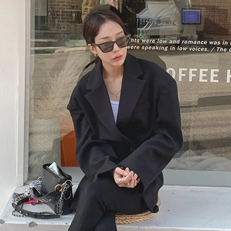 Женский винтажный пиджак LANMREM однотонный свободного кроя с воротником и длинными