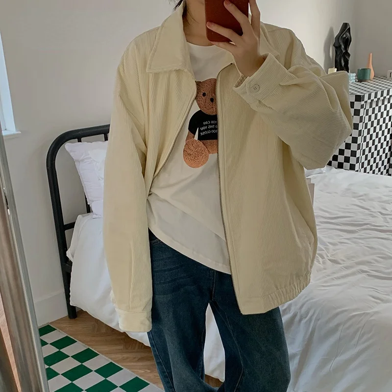 

ZCSMLL Corduroy Jacket For Women 2021 Fall Clothes Zipper Up Shacket Korean Style Casual Coat Beige Autumn Jacket Outerwear