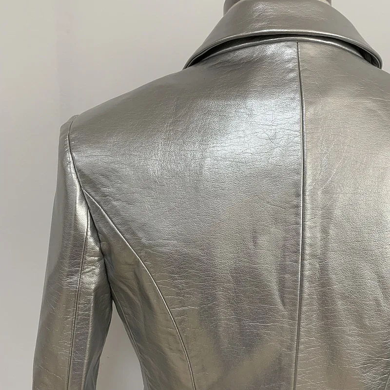 

Classic Style Blazer Jacket Women's Lion Metal Buttons Double Breasted Synthetic Leather Blazer Overcoat Newest Fall Winter 2019