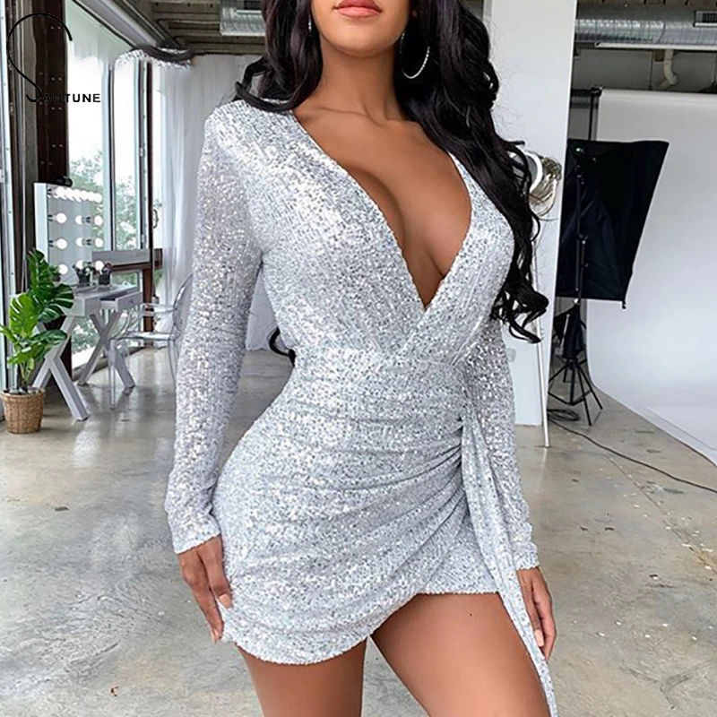 Женское вечернее платье с блестками Santune клубное мини длинным рукавом и v