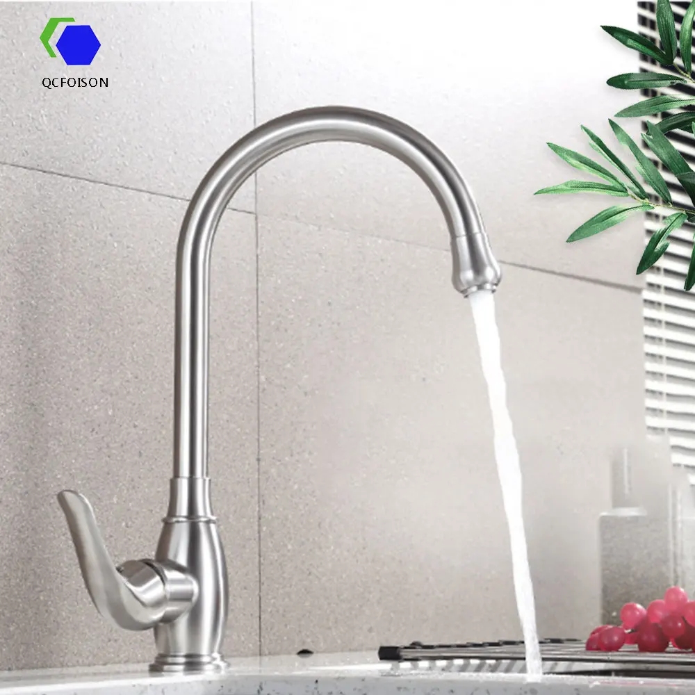 

QCFOISON European vase 304 stainless steel wire drawing rotate Kitchen faucet Household dish sink Hot and cold water mixing tap
