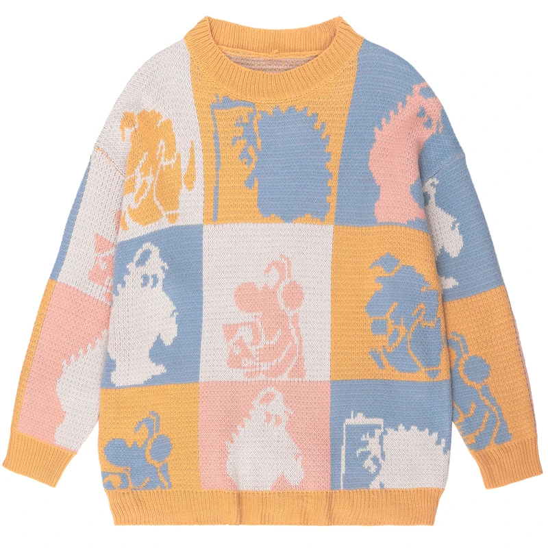 

Winter Thick Sweater Women Vintage Nine Square Grid Contrast Color Cartoon Embroidery Casual Colorful Knit Streetwear Oversized