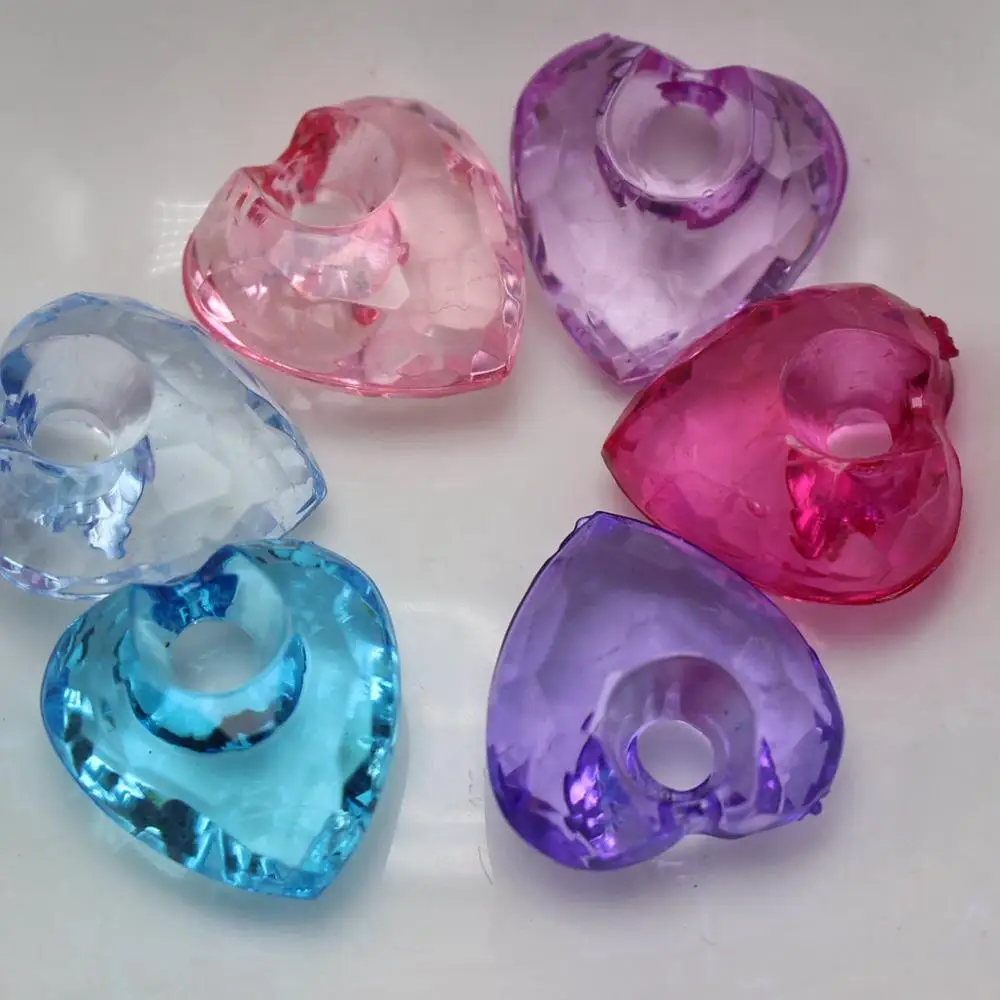 

50 Mixed Color Transparent Acrylic Faceted Heart Charm Beads 16mm Top Drilled
