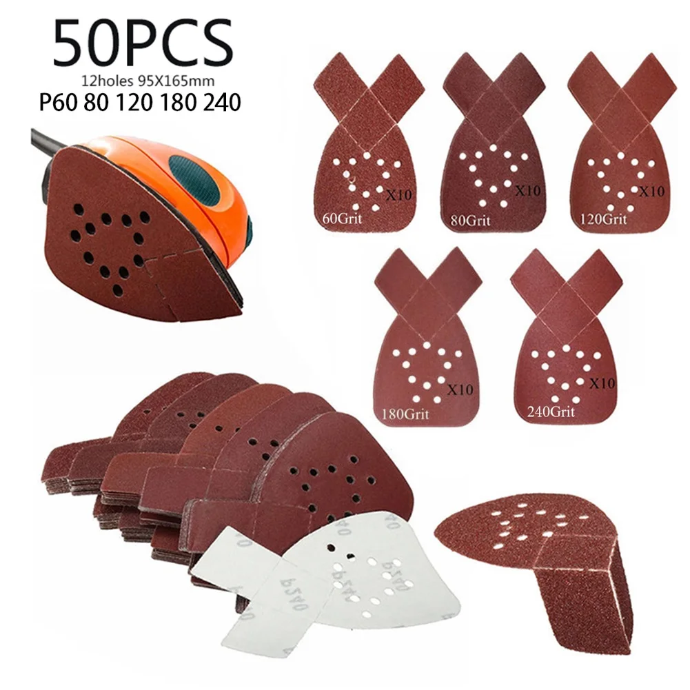 

50Pcs 13.5x9.5cm Mouse Sandpaper Sanding Disc Sand Sheet 12 Hole Hook Loop Pad 60-240 Grit For Black & Decker BDCMS20C BDEMS600
