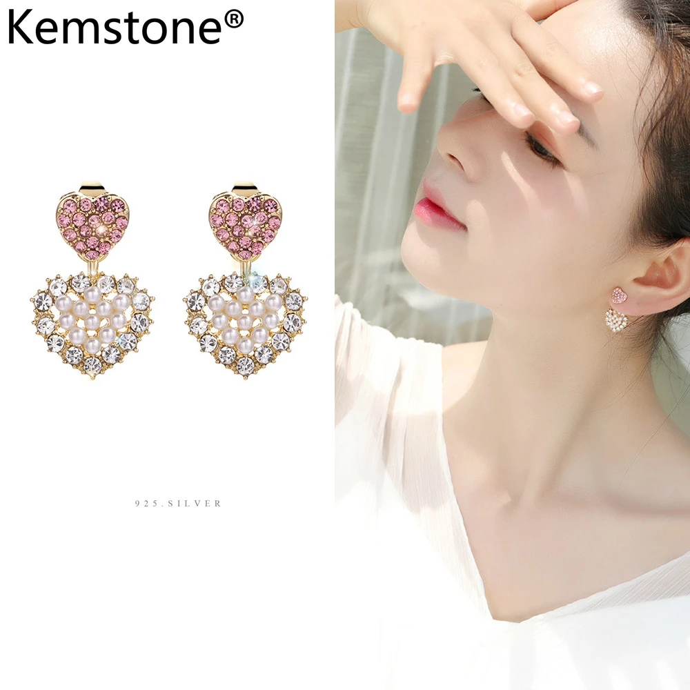 

Kemstone Alloy Pink Heart Cubic Zirconia Pearl Sweet Jewelry Drop Dangle Earrings Jewelry Gift for Women