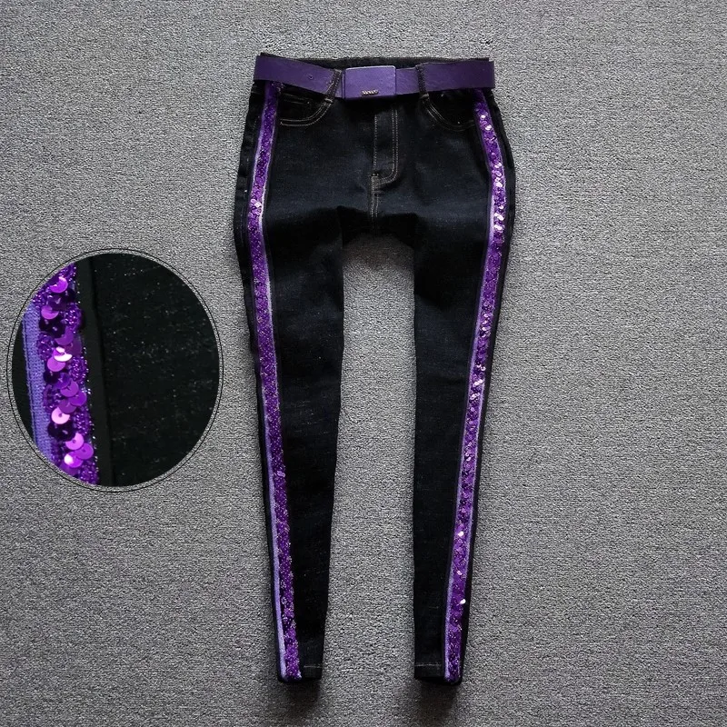 

2021 Women Jeans High Street Elastic Skinny Pencil Pants Fashion Striped Sequined Denim Pants Large Size Female Casual Trousers