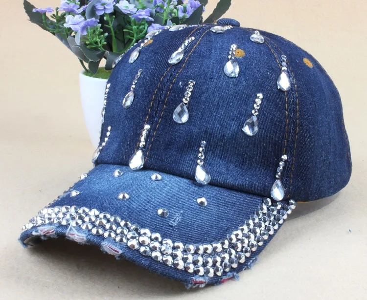 

Fashion Leisure Woman Cap New Denim Hip Hop Caps With Water Drop Rhinestones Vintage Jean Cotton Baseball Caps For Men Hot Sale