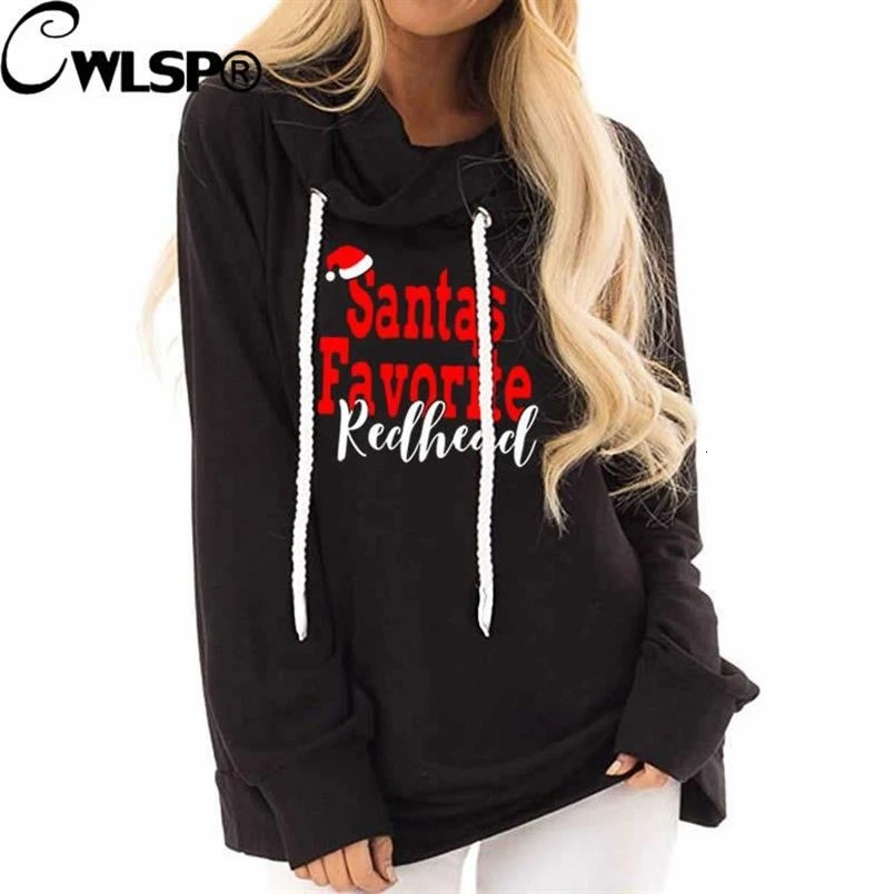 

SANTAS Favorite Letters Print Hoodies For Women Drawstring Hood Tops Sweatshirts Hoodies For Women Cotton Pockets Girls Female