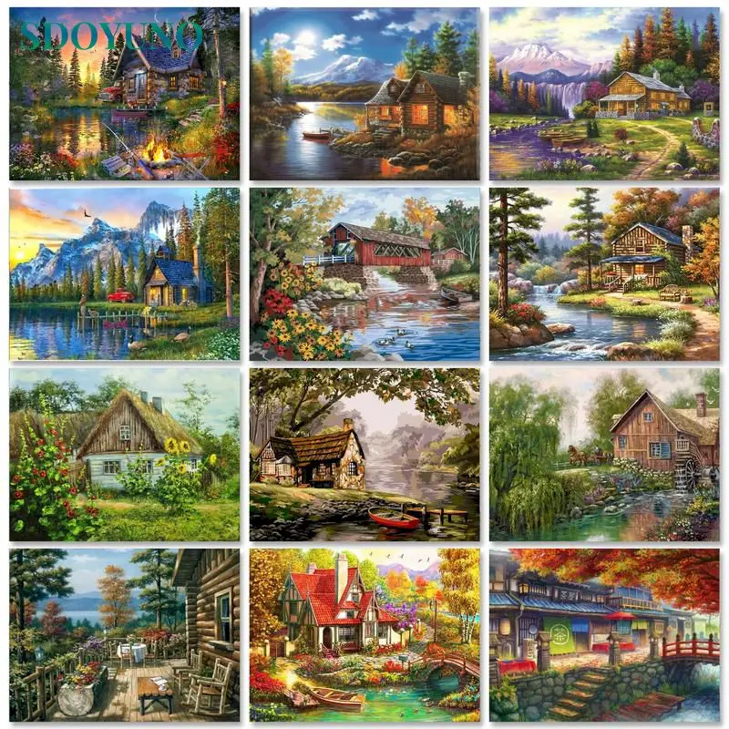 

SDOYUNO 40x50cm Oil Paint By Numbers Forest Wooden House DIY Acrylic Painting By Numbers On Canvas Landscape Home Decor