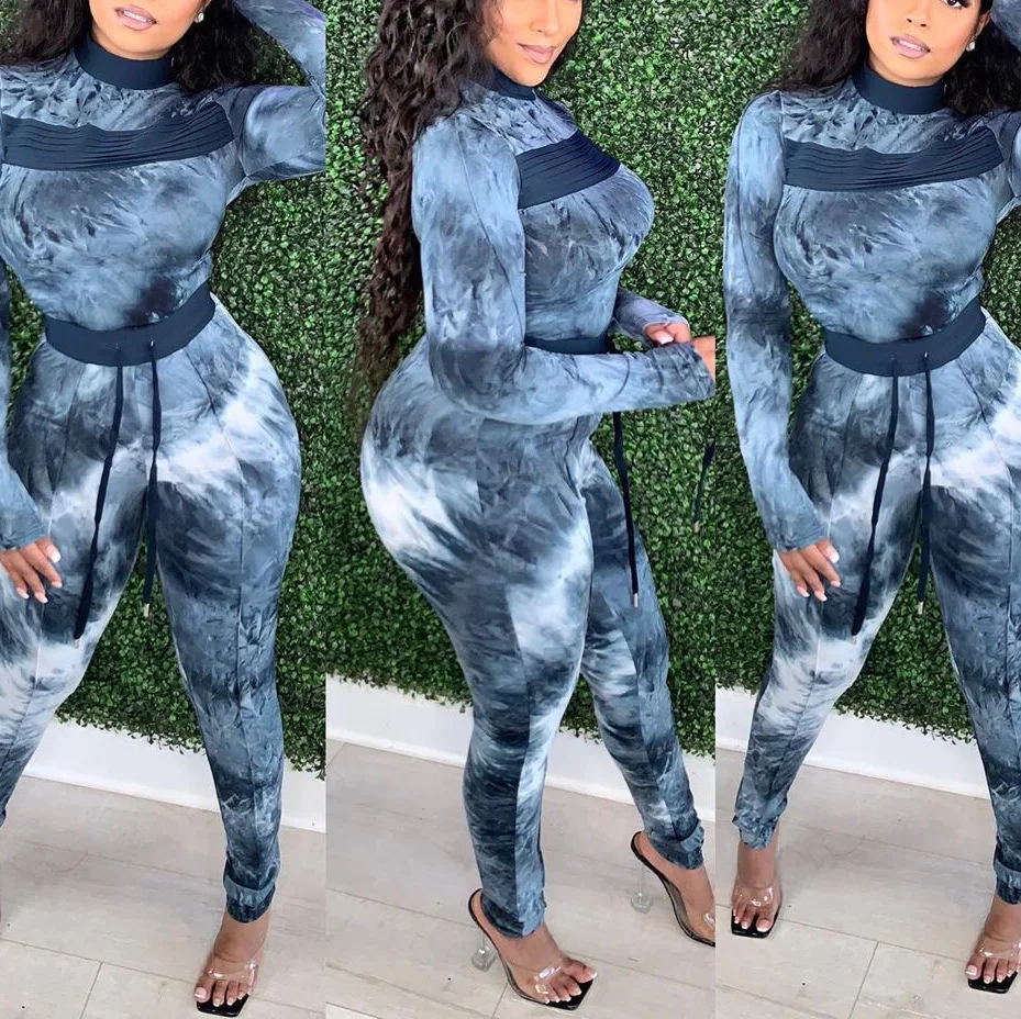 

Ladies 2 Pieces Top and Pant Sets Causal Blue Print Long Sleeve Blouse Sheath High Waist Long Trousers Fashion Street Wear Sets