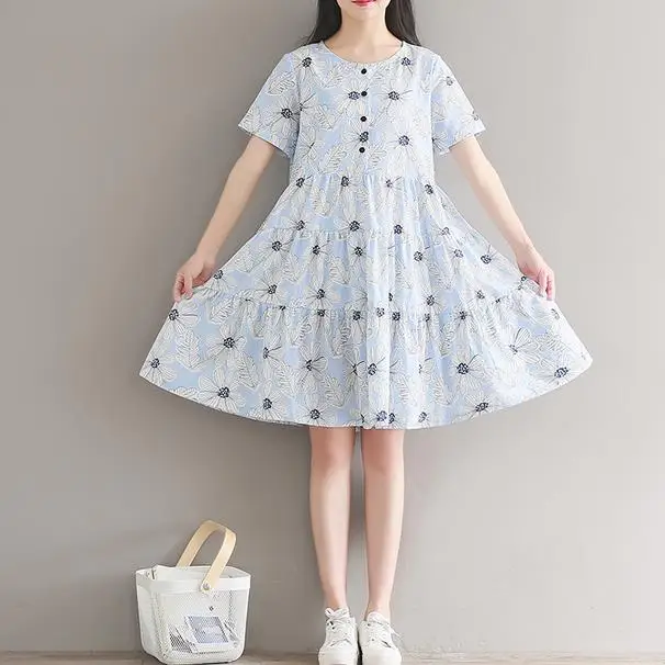 Ori/летнее женское синее платье с оборками хлопковое льняное свободное Vestidos Femininos