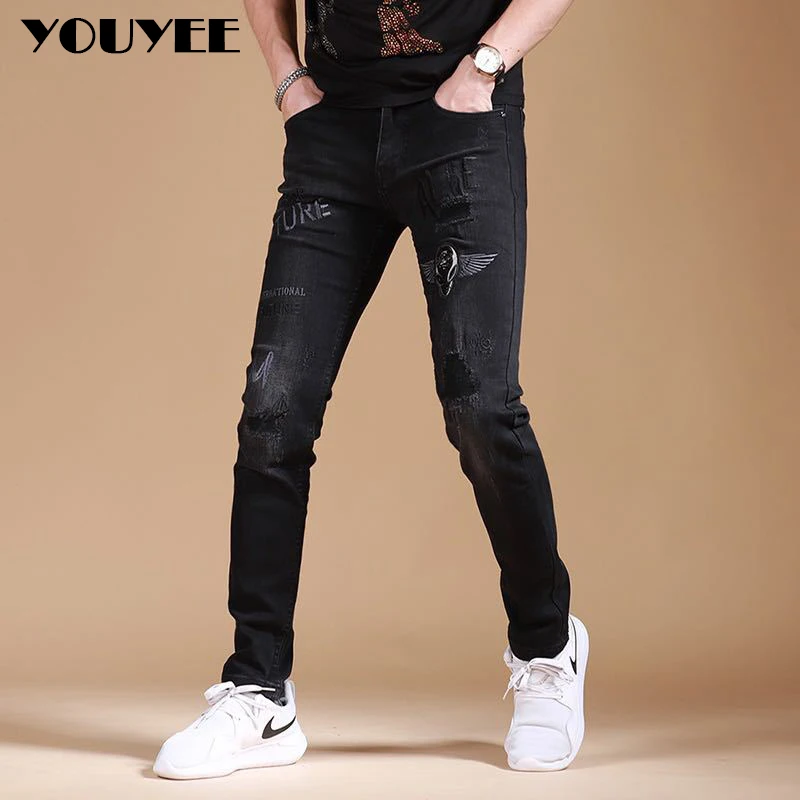 Мужские рваные Стрейчевые джинсы с вышивкой Классические летние зауженные 2020