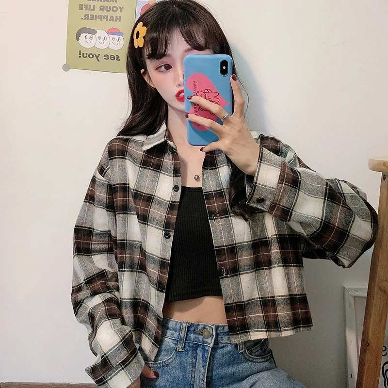 Женская клетчатая рубашка с коротким рукавом осень 2020 новый стиль свободная