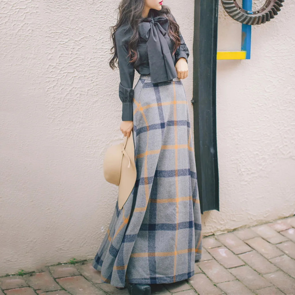 

Two Piece Sets Autumn Winter Women Retro Temperament Dress Long-sleeved Shirt Tops + Wool Plaid Maxi Dress Two-piece Suit New