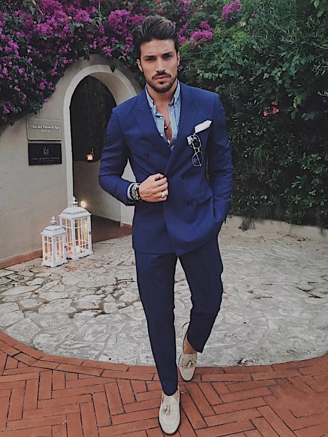 

Navy blue Mens Slim Fit Suit 2 Piece Jacket Pants Business Casual Tuxedos Shawl Lapel Double Breasted Blazer Terno Masculino