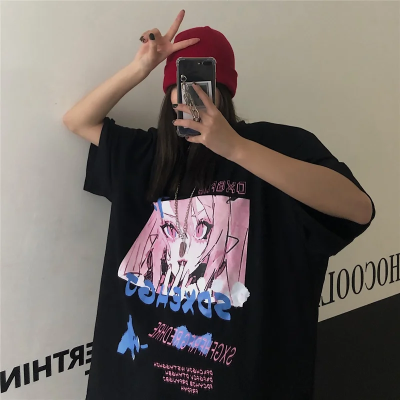 T-shirts Women Anime Print grunge Loose Steampunk Tee Gothic Female Harajuku Summer Clothing E-Girl Kawaii y2k aesthetic top