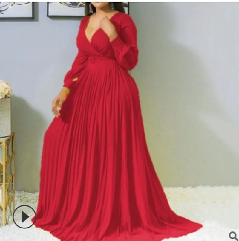 Женское платье Макси плиссированные платья с завышенной талией поясом и v