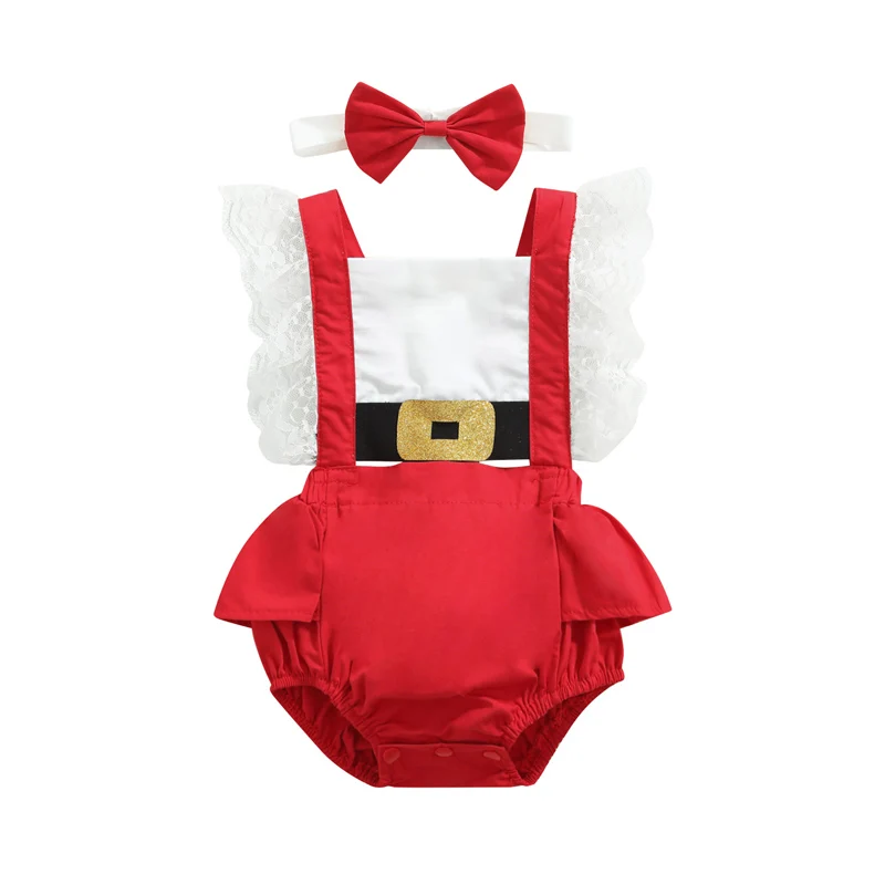 

Pudcoco 0-24M 2Pcs Summer Christmas Infant Baby Girls Bodysuit BowKnot Headdress Red Lace Hem Backless Overalls Clothes