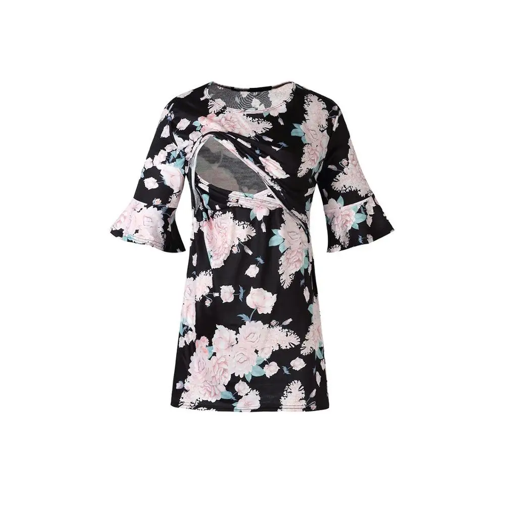 Style D Black Полосатая Женская одежда для беременных с круглым вырезом и цветочным принтом, топы для кормящих мам, футболка для грудного вскармливания с длинным рукавом - Цвет: Style D Black