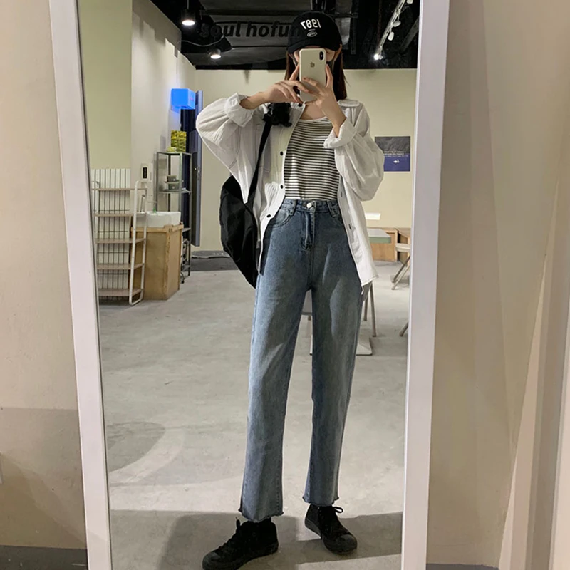 Женские джинсы синие модные элегантные прямые с высокой талией повседневные в