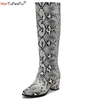 women snakeskin booties snake print knee high boots autumn winter chunky block mid heels slin on pu leather combat fashion shoes