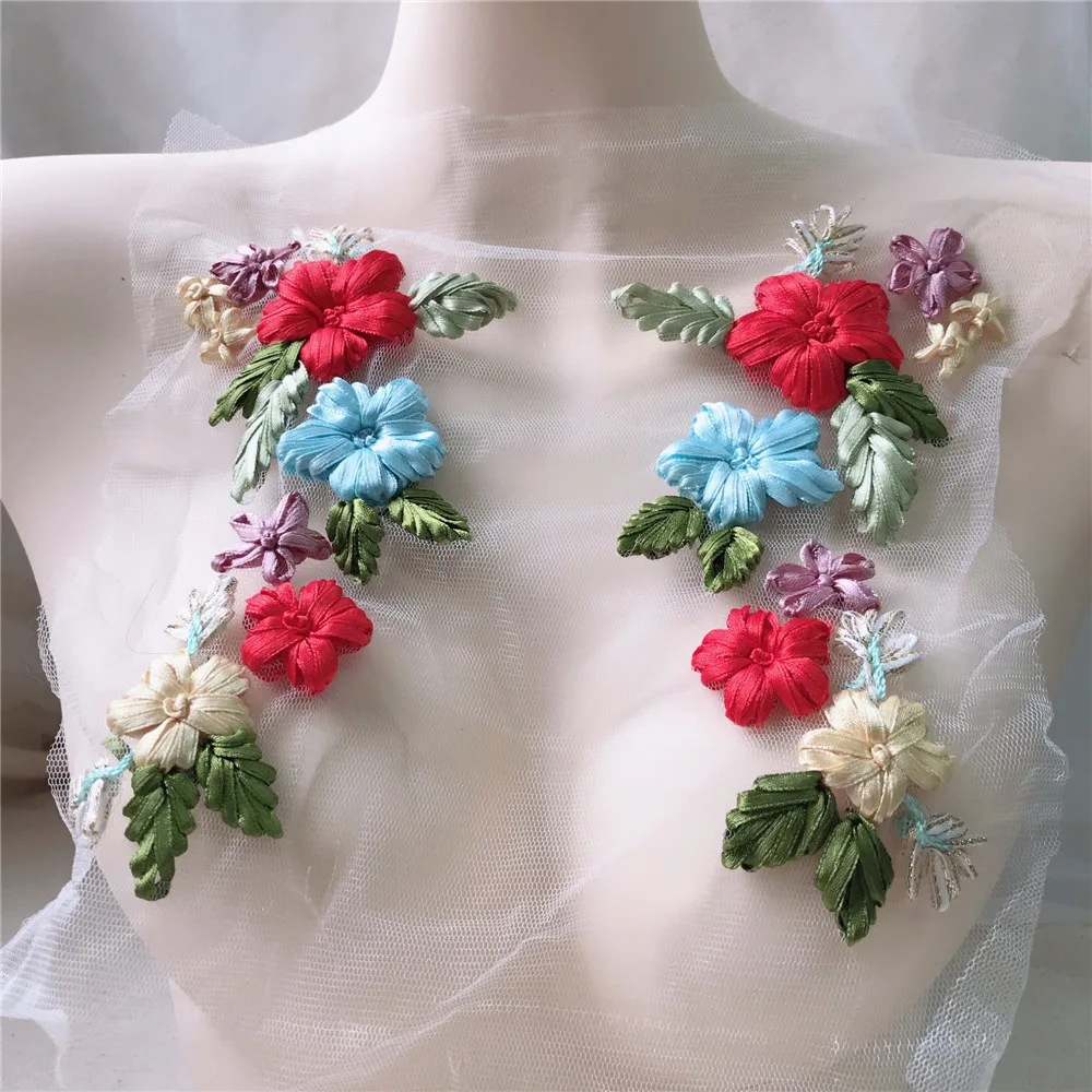 

3D Lace Ribbon Applique Sewing Colorful Floral Flower Motif Lace Applique Wedding Bridal Dress Embroidery Lace Patches