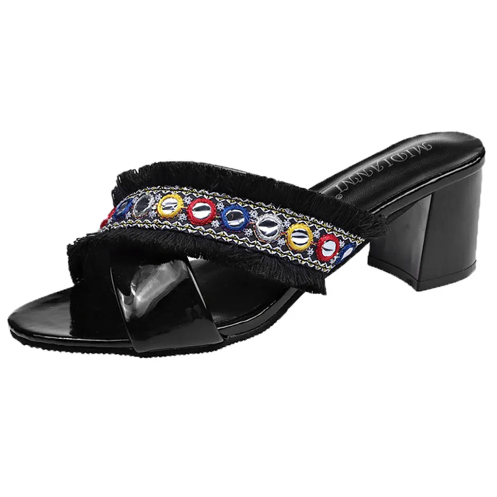 Женские летние тапочки с вышивкой сексуальные женские сандалии на толстой