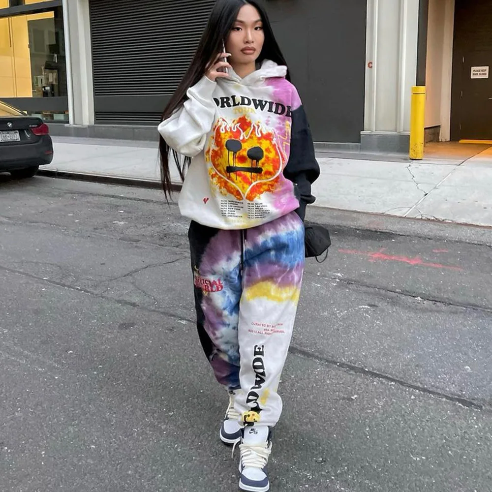 

survetement femme ensemble 2 pieces Fashion streetwear tie dye printed hoodie+sweatpants sweatsuits for women White pant suits