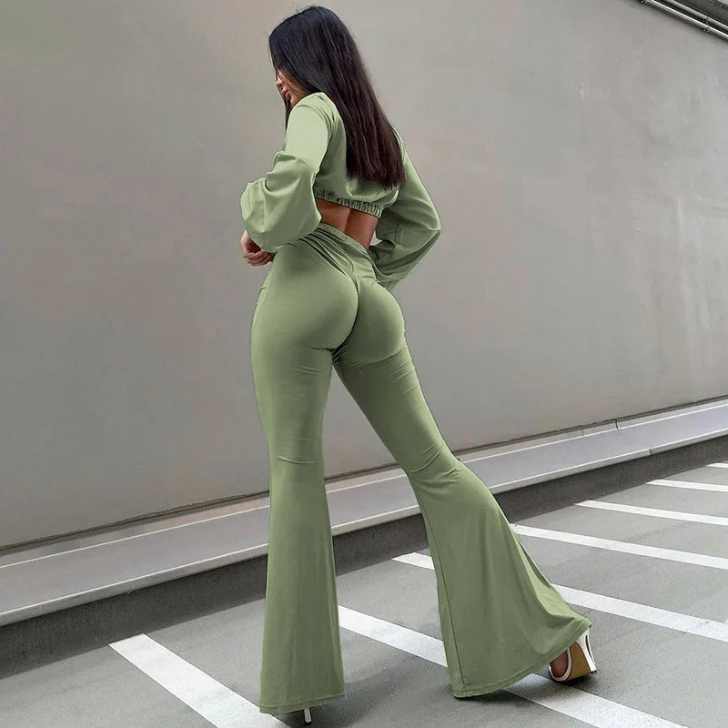 

Green Tight Flare Pants Women Push Up Sexy Trousers Femme Solid High Waist Pantalon Fitness Spring Girls Streetwear
