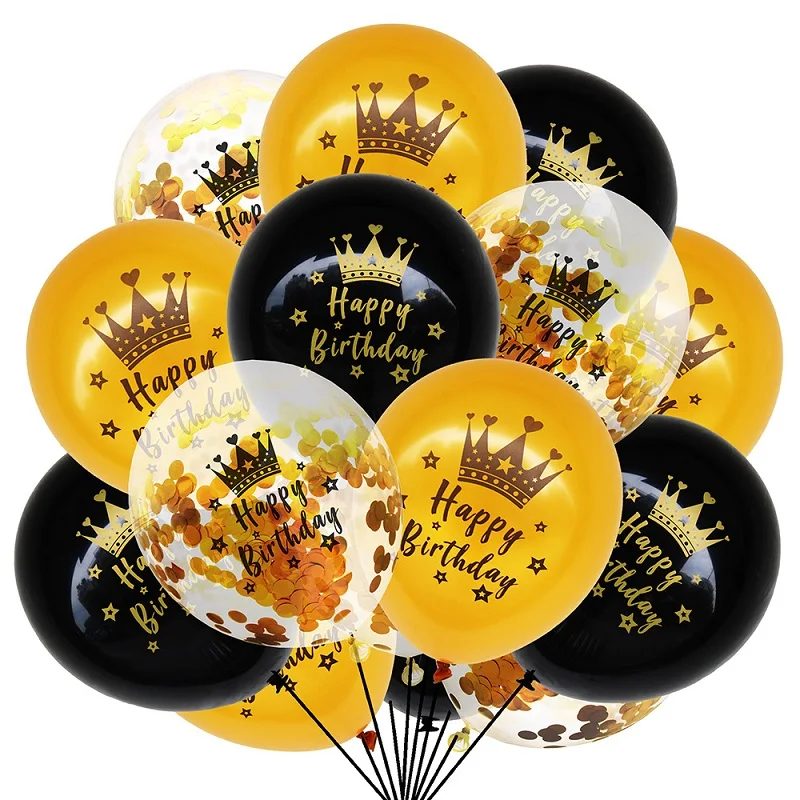 

15 pcs Pack 12'' Black Gold Crown Birthday Latex Gold Confetti Balloons for 18th 21st 30th 40th 50th 60th Birthday Party