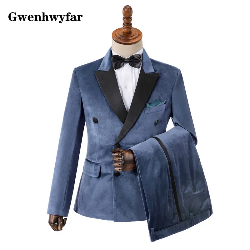 

Gwenhwyfar Blue Velvet Jacket Men's Slim Dress Tuxedo Custom Wedding Banquet Groom Suit Best Three-piece Suit